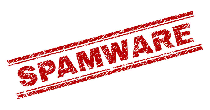 SPAMWARE seal imprint with grunge effect. Red vector rubber print of SPAMWARE text with grunge texture. Text label is placed between double parallel lines.