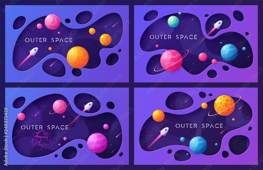 Wall mural set of colorful cartoon outer space backgrounds, designs, banners, artworks.