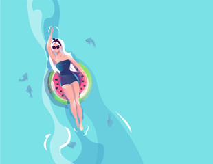 Concept in flat style with woman floating with circle. Vacation and relaxion. Sunbathing. Vector illustration. - 248373498