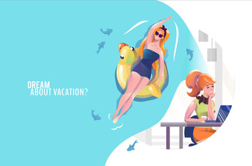 Concept in flat style with woman in office dreaming about vacation.