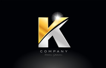 letter K alphabet with gold silver grey metal on black background logo
