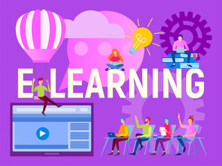 E-learning concept, online learning, the inscription e-learning and students receiving education remotely.
