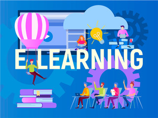 E-learning concept, online learning, the inscription e-learning and students receiving education remotely