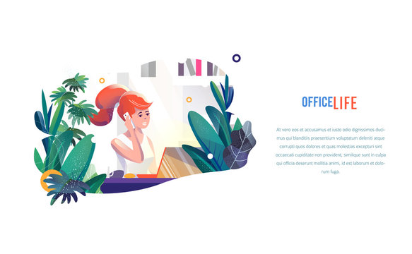 Concept in flat style with woman. Businesswoman works in office. Creative atmosphere. Vector illustration.