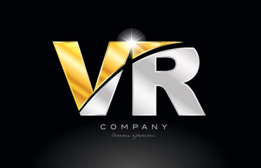 combination letter vr v r alphabet with gold silver grey metal logo