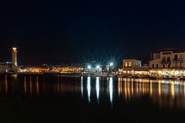 Night view of Rethymno town harbor at Crete island, Greece