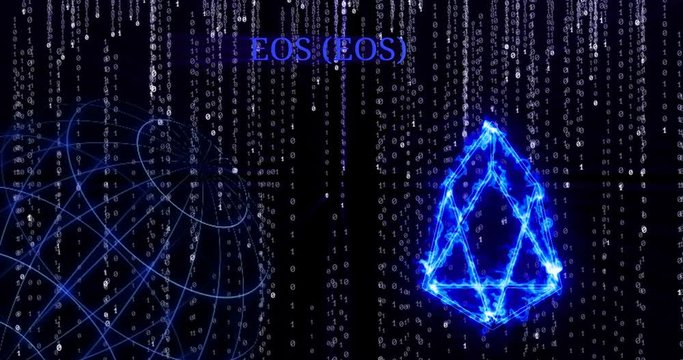Glowing EOS (EOS) symbol against the falling binary code symbols