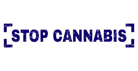 STOP CANNABIS tag seal stamp with grunge texture. Text tag is placed between corners. Blue vector rubber print of STOP CANNABIS with grunge texture.