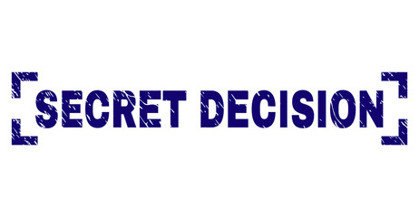 SECRET DECISION tag seal print with corroded texture. Text caption is placed between corners. Blue vector rubber print of SECRET DECISION with retro texture.