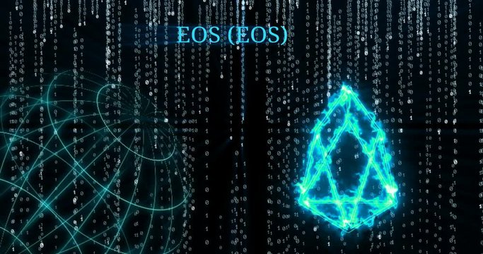 Glowing EOS (EOS) symbol against falling binary code symbols