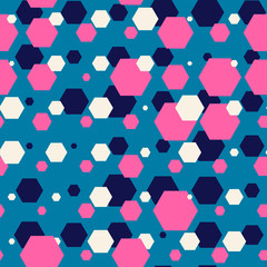 Colorful abstract halftone seamless pattern with hexagon, geometric shapes. Vector illustration. 