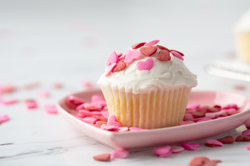 Vanilla Valentine Cupcake with White Frosting and Heart-Shaped Sprinkles on Pink Heart-Shaped Dish