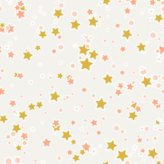 Colorful abstract seamless pattern with cute stars, little dots on beige background. Confetti wrapping paper, background. Vector illustration.