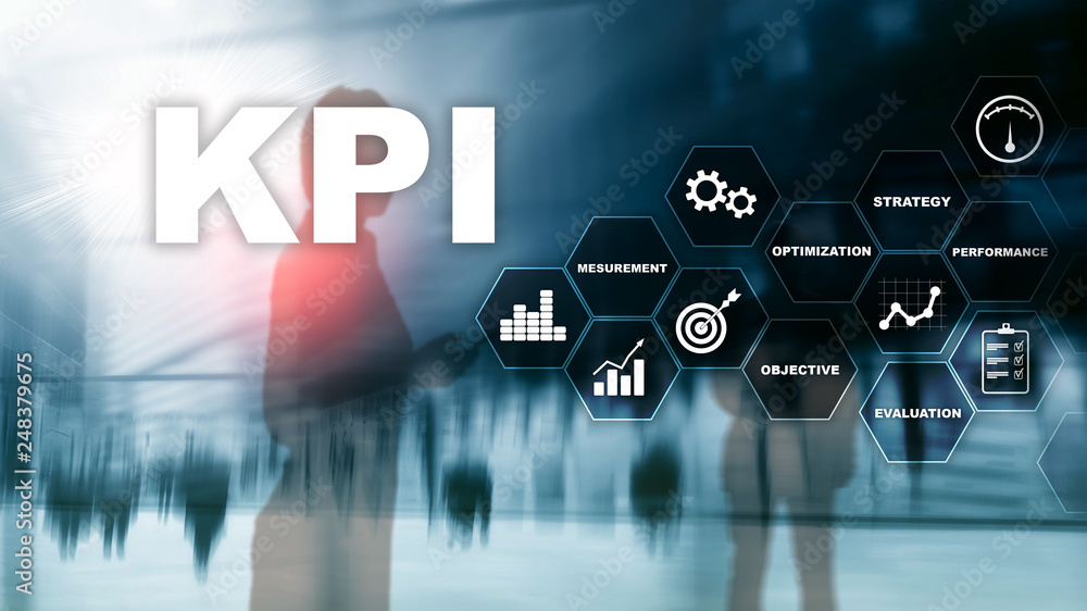 Poster kpi - key performance indicator. business and technology concept. multiple exposure, mixed media. fi