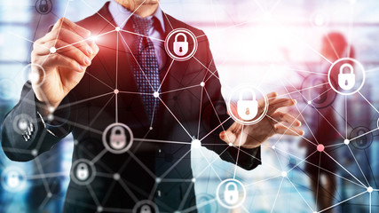 Cyber security, information privacy, data protection concept on modern server room background. Internet and digital technology concept