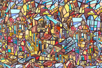 Obraz premium Vector seamless pattern with abstract fantasy Gothic city. Background with decorative Gothic roofs, windows and towers. Stained glass texture. Hand drawn.