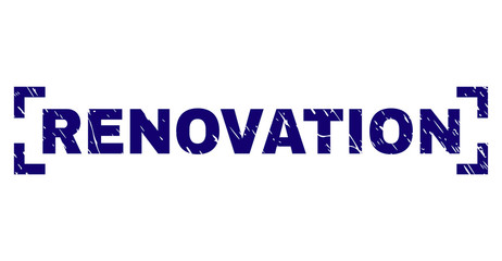 RENOVATION tag seal stamp with grunge texture. Text tag is placed between corners. Blue vector rubber print of RENOVATION with dirty texture.