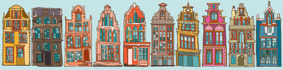 Set of abstract colorful Dutch canal houses.  Hand drawn sketch elements.