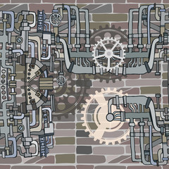 Vector seamless pattern with hand drawn elements. Abstract industrial background with fictional gearwheels and abstract details of machines illustrating retro technology or steampunk concept. 