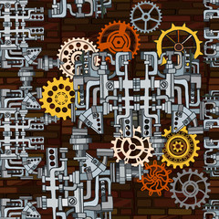 Vector seamless pattern with hand drawn elements. Abstract industrial background with fictional gearwheels and abstract details of machines illustrating retro technology or steampunk concept. 