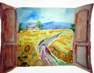 Fototapeta na wymiar Summer landscape, trees and village. View from window.Kids drawing