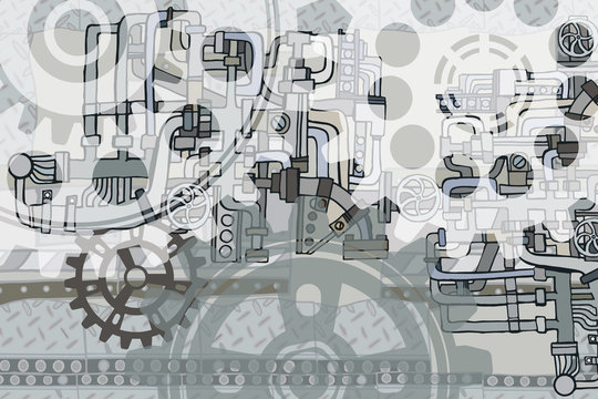 Abstract industrial factory or steampunk background with hand drawn elements featuring fictional pipes, gearwheels and machines on metal grating surface. 