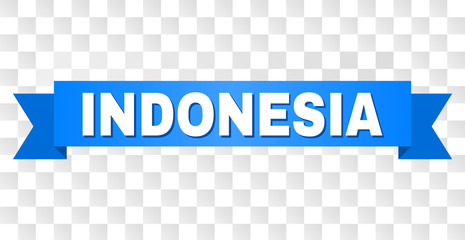 INDONESIA text on a ribbon. Designed with white caption and blue stripe. Vector banner with INDONESIA tag on a transparent background.