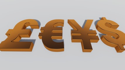 Euro, Dollar, Yen, Pound, 3D rendering