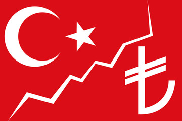 A crack between red and white Turkish national flag and Turkish lira symbol which symbolizes the economic crisis in Turkey - Eps10 vector graphics and illustration