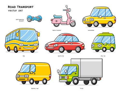 Self-balancing board, motor scooter, automobile, bus, sportscar, city electric car, delivery van, truck isolated. Road transport vector set.
