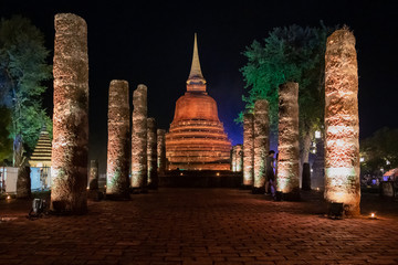 Night view of Sukhothai Historical Park in Thailand, The Sukhothai Historical Park ruins are one of...