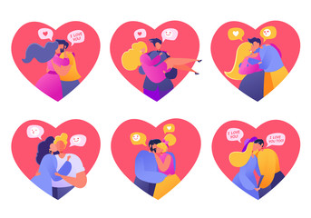 Set of cards, people in love. Valentine dating set. Romantic vector illustration on love story theme. Happy flat people character embrace and kiss. Lifestyle concept on Valentine Day theme. 