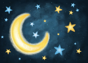 Noche con luna y estrellas  - obrazy, fototapety, plakaty