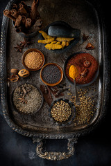 Spices on Old vintage tray 