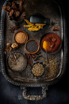 Overhead view of spices on tray