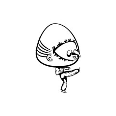 bighead trying karate. hand drawn vector monochrome outline cartoon character illustration with white background