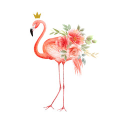 pink flamingo with a bouquet of flowers and a crown on a white background © Lana