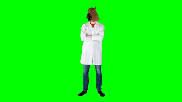 Doctor in Horse Mask Standing on Green Screen Spreads His Hands Having No Idea