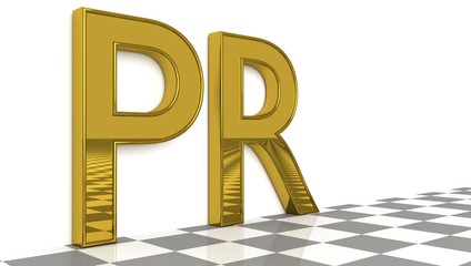 PR sign in gold and glossy letters on a white background and a checkerboard pattern floor for an interesting header for public relations concept with copy space. 3d, Illustration