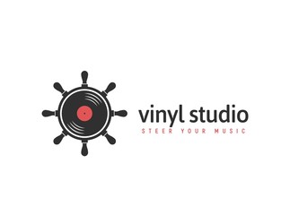 Vector music logo concept. Ship steering wheel with vinyl disc isolated. Summer Dj s festival logotype