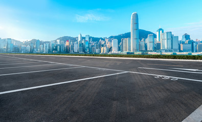 Road and skyline of modern urban architecture in Hong Kong..