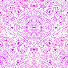 Seamless pattern, lace vector background with gradient pink and violet mandala. Gypsy, ethnic boho design, Indian or Arabic motifs, arabesque.