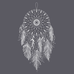 Hand drawn dreamcatcher with feathers. Ethnic art with native American Indian boho design, mystery symbol, tribal gypsy poster or card. Vector illustration of dream catcher. © Marina Demidova
