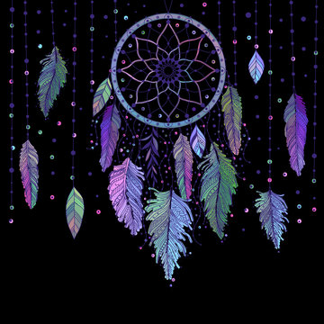 Dreamcatcher with colorful vibrant feathers on black background card or poster. Ethnic art with native American Indian boho design, mystery symbol, tribal gypsy. Vector illustration.