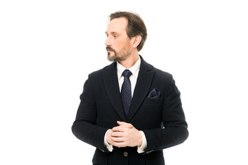 Suit imbue sense of confidence of gentlemen. Man handsome confident mature fashion model wear fashionable suit on white background. Ways to accessorize your suit. Bespoke suit flatters every wearer