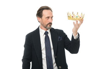 Direct line to throne. Enormous privilege. Become king ceremony. King attribute. Become next king. Monarchy family traditions. Man nature bearded guy in suit hold golden crown symbol of monarchy