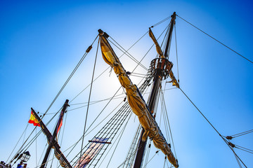 Fototapeta na wymiar Sails and ropes of the main mast of a caravel ship, Santa María Columbus ships