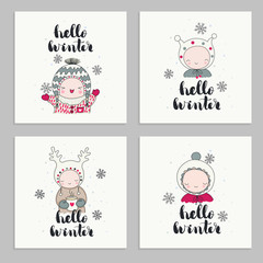 Set of invitations cards, posters, with cartoon characters, children in cute beanies and hand drawn lettering - hello winter. Snoflakes and mug of tea. Vector illustrations.