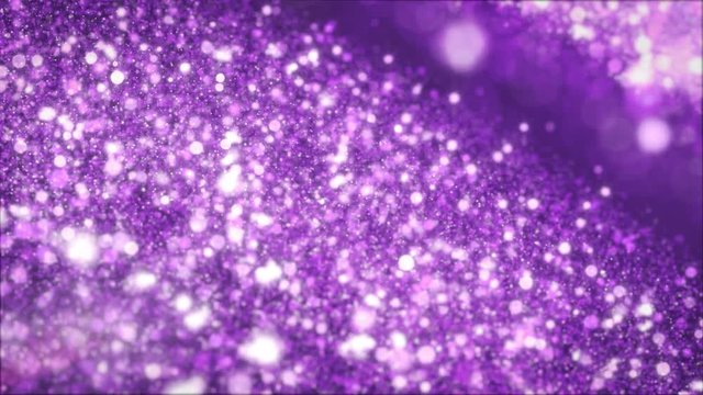 CGI background with animated sparkling particles of violet color and shining bokeh lights flying in virtual space