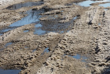 texture of snow mud and puddles on the part of the road